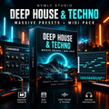 Digital product cover for a 'Deep House & Techno' presets and MIDI pack by Nymly Studio, featuring a central software box mockup with a mountain landscape graphic, surrounded by DJ equipment and screens in a dark neon-lit studio setting.