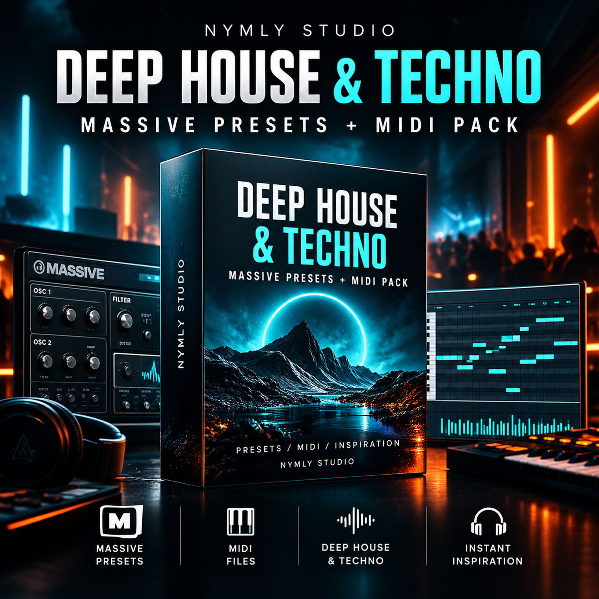 Digital product cover for a 'Deep House & Techno' presets and MIDI pack by Nymly Studio, featuring a central software box mockup with a mountain landscape graphic, surrounded by DJ equipment and screens in a dark neon-lit studio setting.
