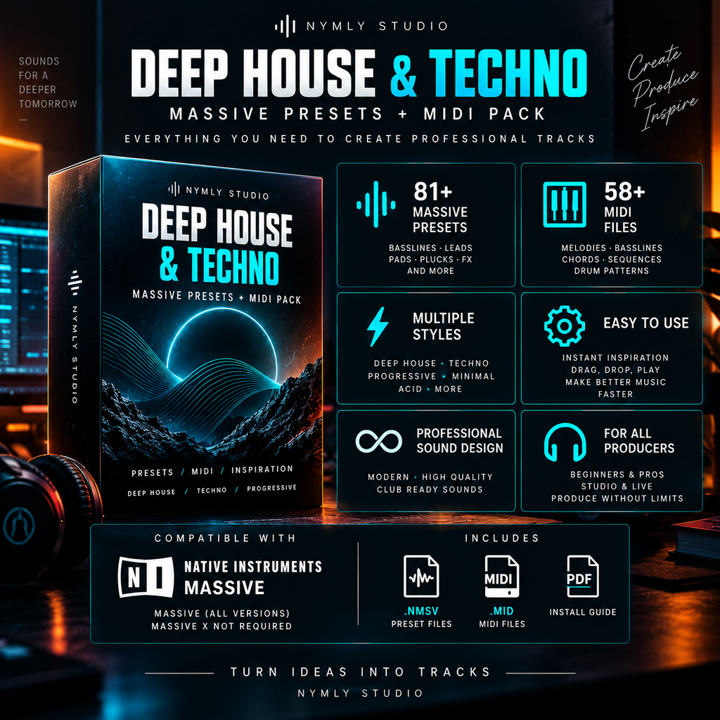 Promotional graphic for a digital music preset and MIDI pack titled 'Deep House & Techno' by Nymly Studio, showing a software box mockup, feature icons, compatibility badges, and included file formats on a dark blue background.