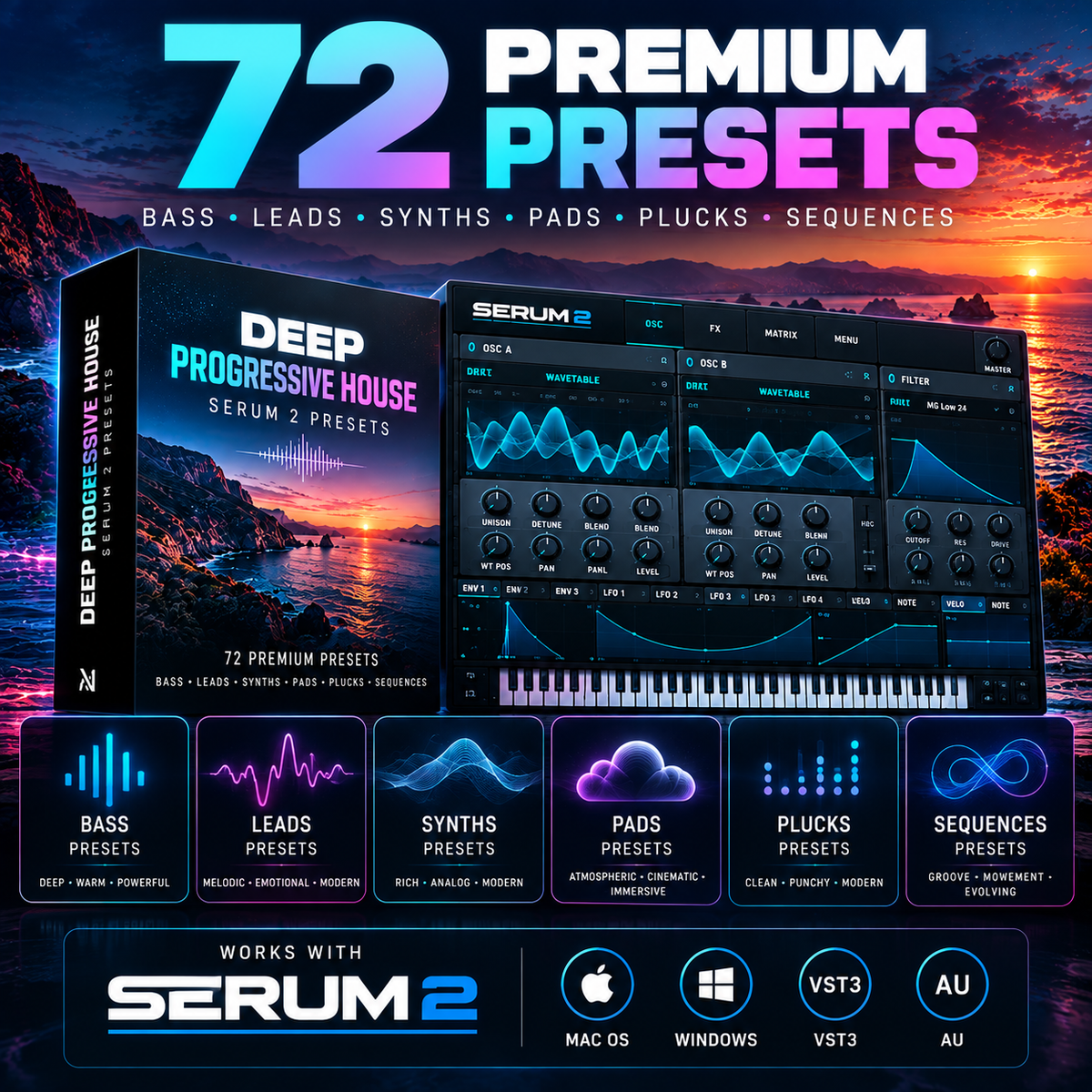72 Serum 2 presets with bass, lead, synth, pad, pluck and sequence sounds for Mac and Windows