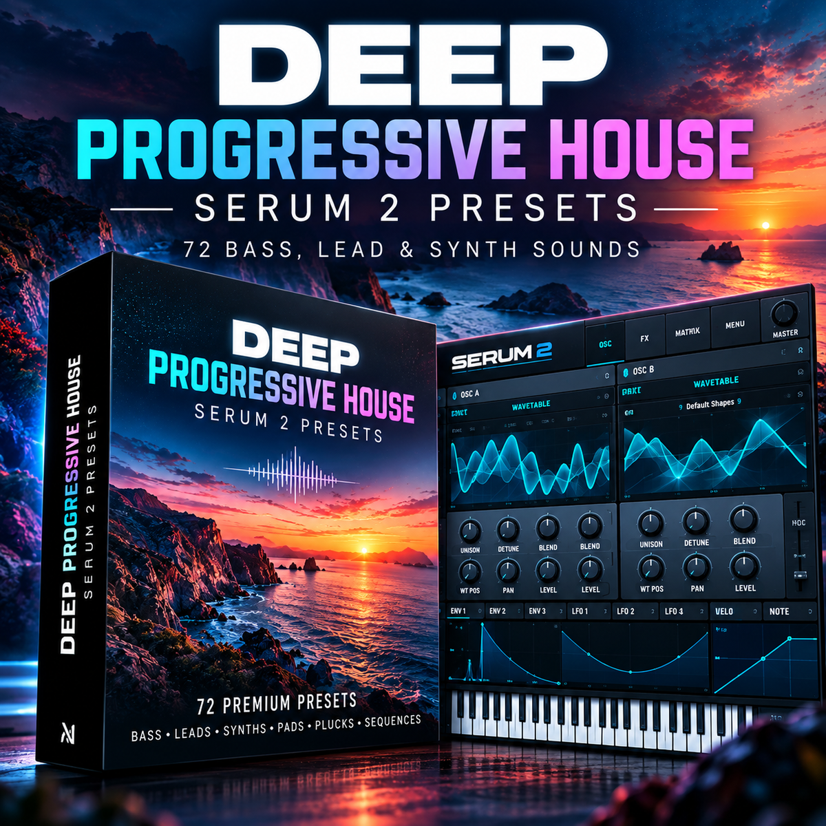 Promotional graphic for 'Deep Progressive House Serum 2 Presets' showing a software preset box cover with a sunset seascape, a virtual audio workstation interface labeled Serum 2, and large title text over a dramatic ocean sunset background.