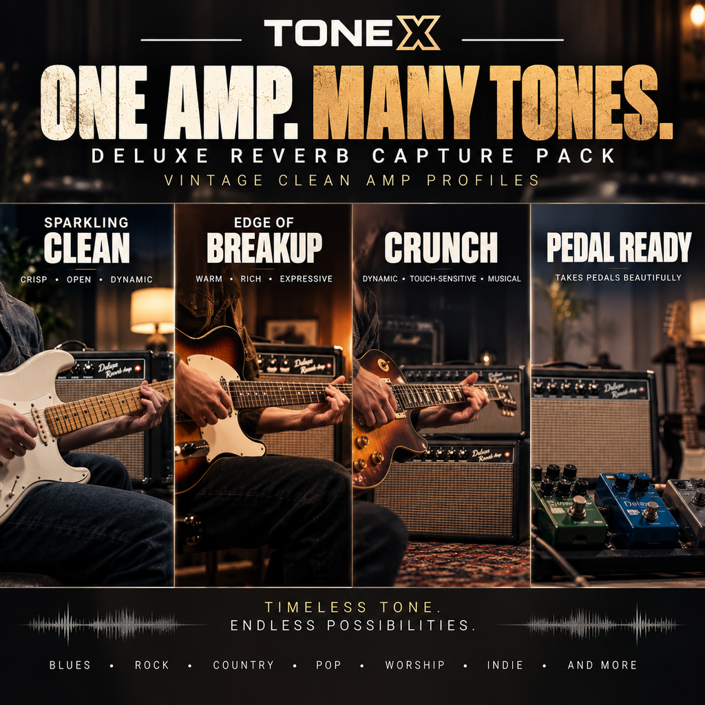 Promotional graphic for the TONEX One Amp. Many Tones.