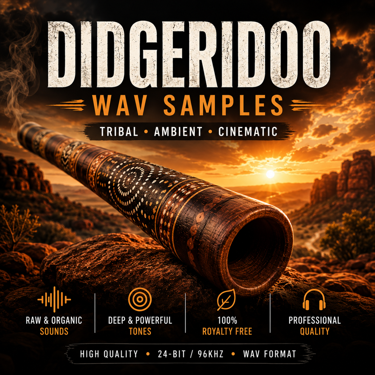 Promotional graphic for a digital audio sample pack titled 'DIDGERIDOO WAV SAMPLES' with the subtitle 'TRIBAL • AMBIENT • CINEMATIC'. The design features a wooden didgeridoo instrument resting on a rocky desert landscape at sunset.