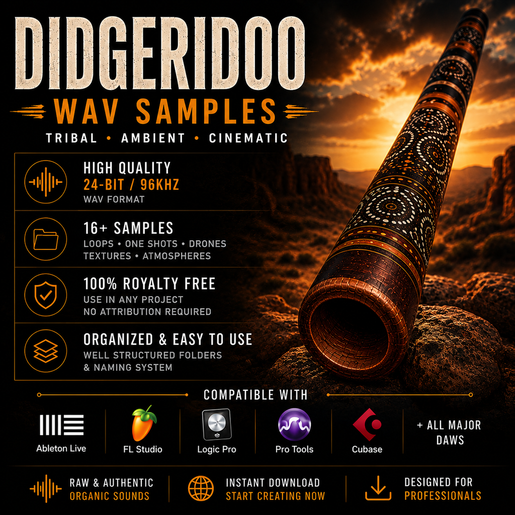 Promotional graphic for a digital product called 'DIDGERIDOO WAV SAMPLES' with a large wooden didgeridoo shown diagonally on a rocky desert background. The graphic includes feature callouts like high quality, 16+ samples, 100% royalty free, and organized and easy to use, along with compatibility logos for Ableton Live, FL Studio, Logic Pro, Pro Tools, and Cubase.