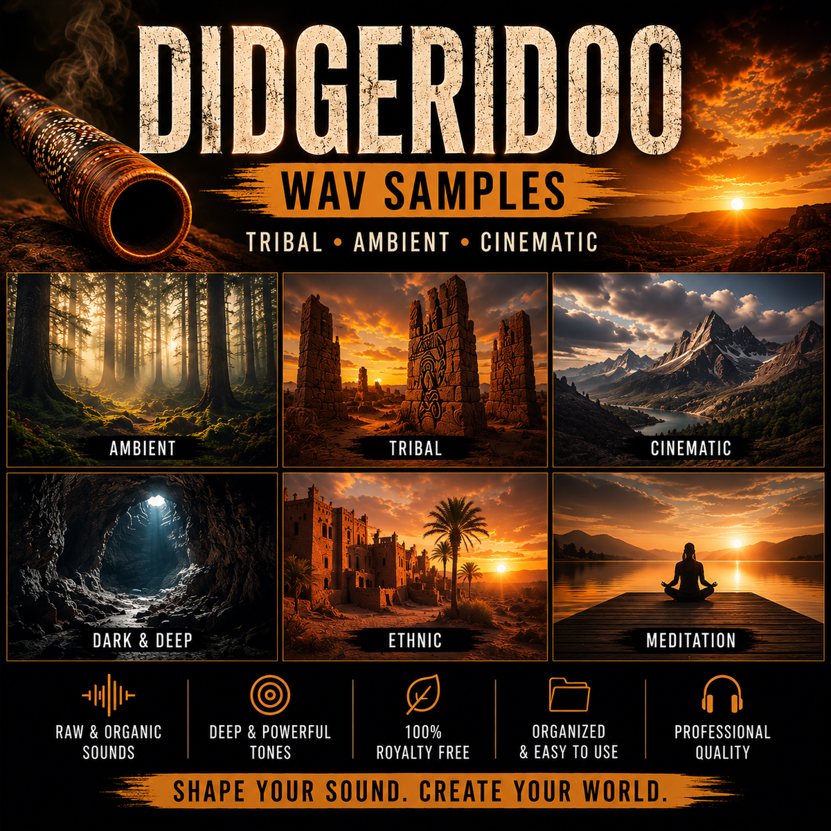 Promotional graphic for a sound sample pack titled 'DIDGERIDOO WAV SAMPLES' with the subtitle 'TRIBAL • AMBIENT • CINEMATIC'. The design features a large textured title, a stylized drumhead, and six landscape/scene tiles labeled Ambient, Tribal, Cinematic, Dark & Deep, Ethnic, and Meditation.