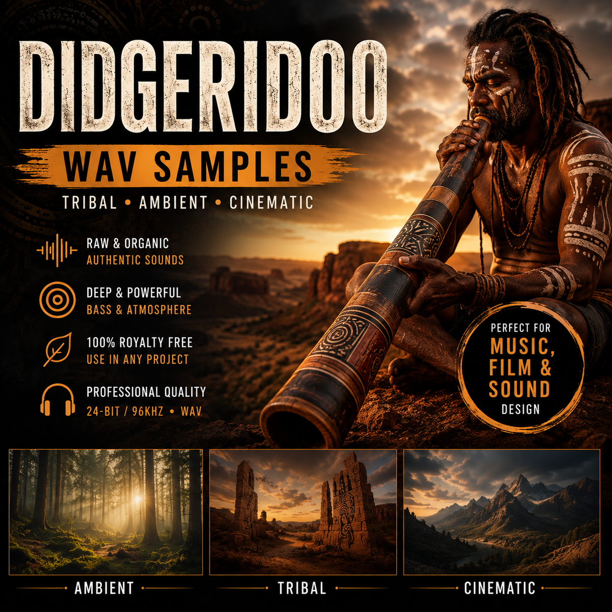 Promotional graphic for 'DIDGERIDOO WAV SAMPLES' with a large textured title, a tribal figure holding a didgerido in a desert landscape, feature icons, and three small scene thumbnails labeled Ambient, Tribal, and Cinematic.