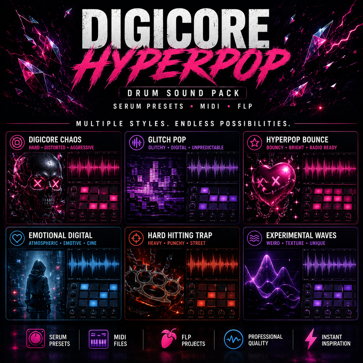 Promotional graphic for the 'Digicore Hyperpop' drum sound pack, featuring six distinct genre presets (Chaos, Glitch Pop, Hyperpop Bounce, Emotional Digital, Hard Hitting Trap, Experimental Waves) in a grid layout with neon pink, purple, and blue graphics on a dark background.