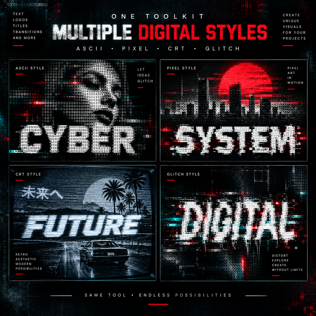 A promotional graphic for a digital design toolkit showing four stylized panels with the words 'Cyber', 'System', 'Future', and 'Digital' in glitch, pixel, and CRT aesthetics. Large text at the top reads 'One Toolkit Multiple Digital Styles' with additional text about ASCII, pixel, CRT, and glitch styles.