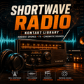 Promotional graphic for Shortwave Radio Kontakt Library featuring a vintage radio receiver, headphones, and audio waveform graphics on a dark background with orange and white text.