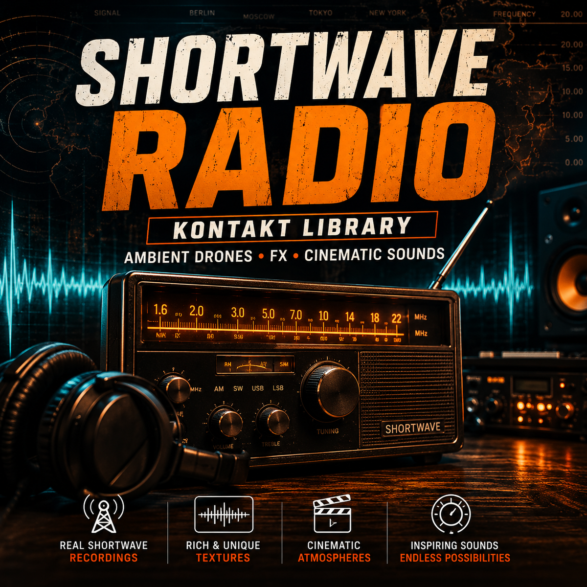 Promotional graphic for Shortwave Radio Kontakt Library featuring a vintage radio receiver, headphones, and audio waveform graphics on a dark background with orange and white text.