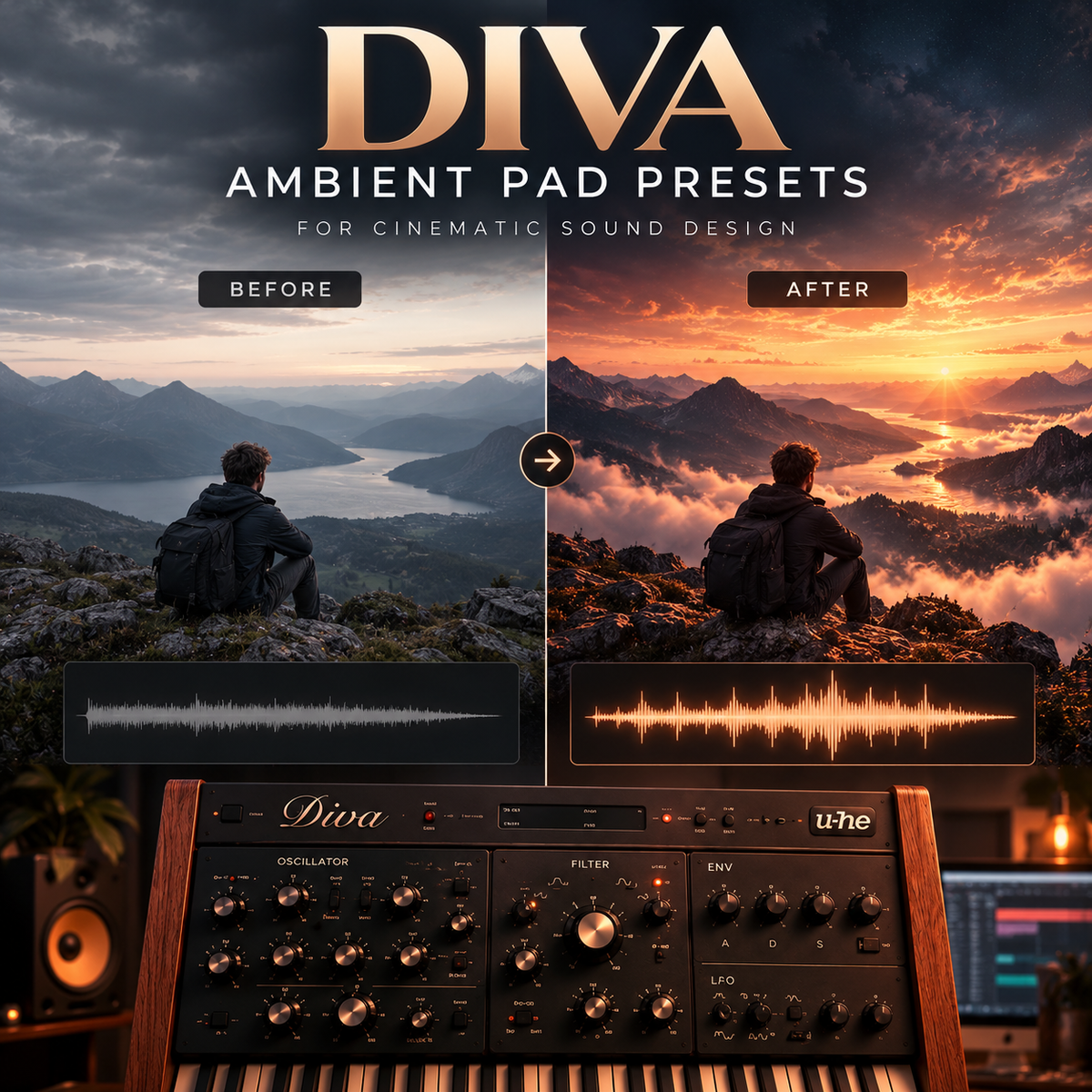 Promotional graphic for DIVA Ambient Pad Presets, showing a split before/after landscape scene with a seated figure, waveform overlays, and a modular synthesizer labeled Dina and u-he at the bottom.
