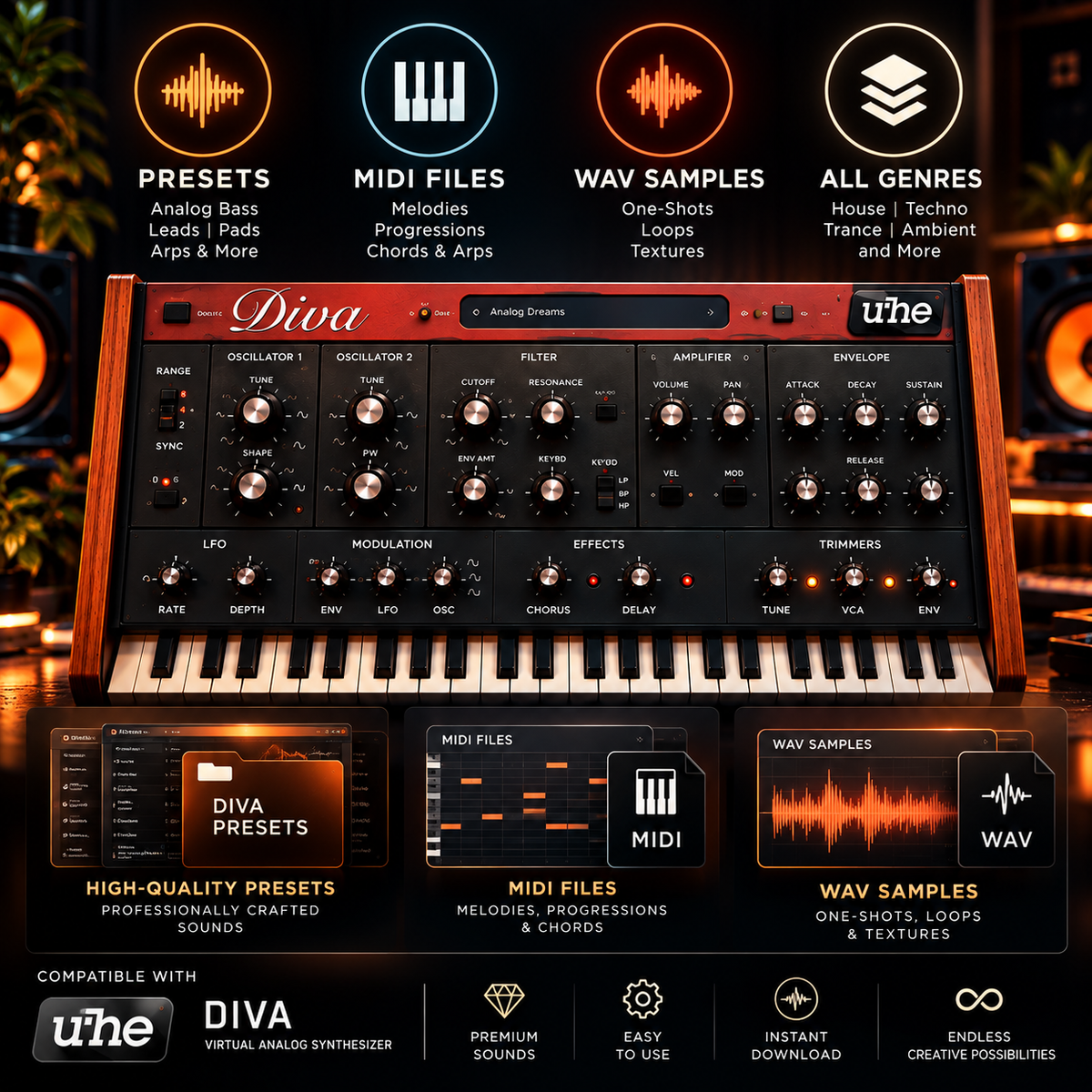 Promotional graphic for the Uhe Diva virtual analog synthesizer, showing a red and wood modular synth interface with a keyboard, surrounded by feature callouts for presets, MIDI files, wav samples, and all genres, plus compatibility badges for Uhe.