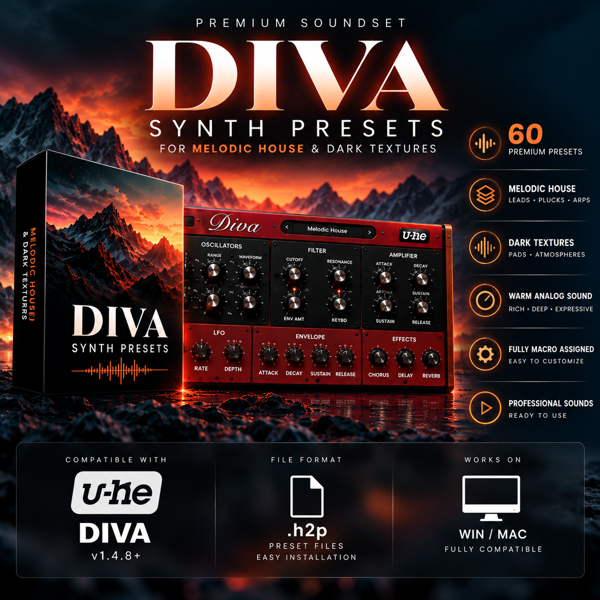 Promotional graphic for the DIVA Synth Presets premium soundset, showing a red modular synthesizer interface, a software box cover with mountain artwork, and feature callouts on a dark fiery mountain background. Text highlights 60 presets, melodic house and dark textures, and compatibility with u-he DIVA v1.