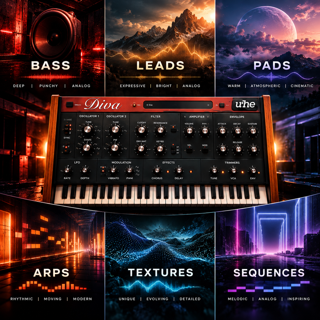 Promotional graphic for the Uhe Diva virtual instrument software, featuring a central screenshot of the multi-control synthesizer interface with a keyboard, surrounded by six stylized panels labeled Bass, Leads, Pads, ARPS, Textures, and Sequences.