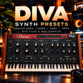 Promotional graphic for 'DIVA SYNTH PRESETS' showing a vintage-style modular synthesizer with a keyboard, large title text, and the Uhe logo. The scene is styled with warm lighting, plants, and speakers in the background.