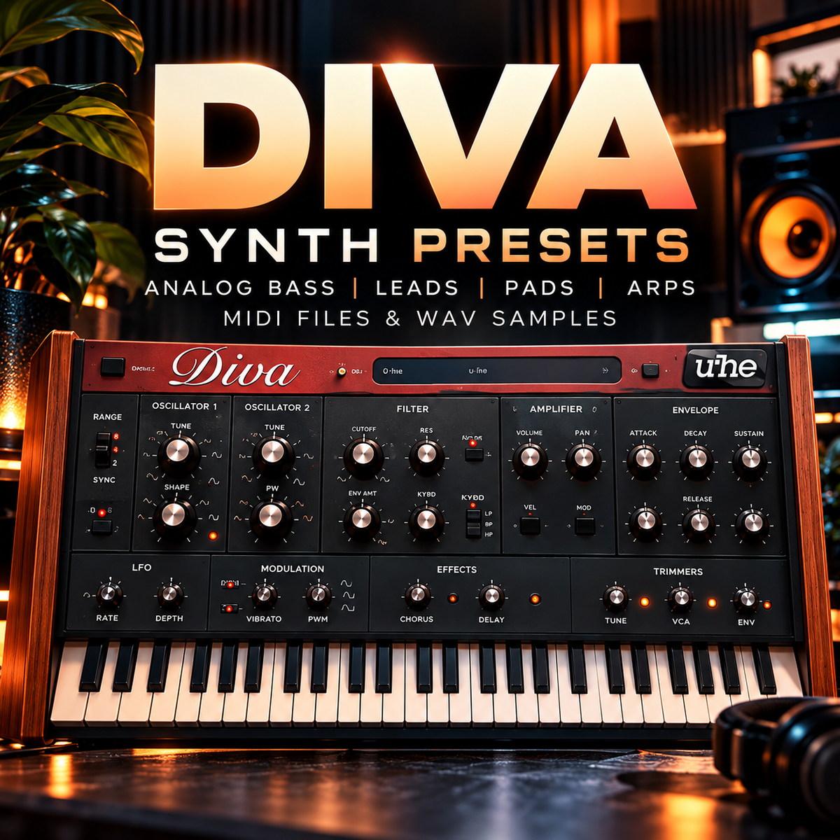 Promotional graphic for 'DIVA SYNTH PRESETS' showing a vintage-style modular synthesizer with a keyboard, large title text, and the Uhe logo. The scene is styled with warm lighting, plants, and speakers in the background.