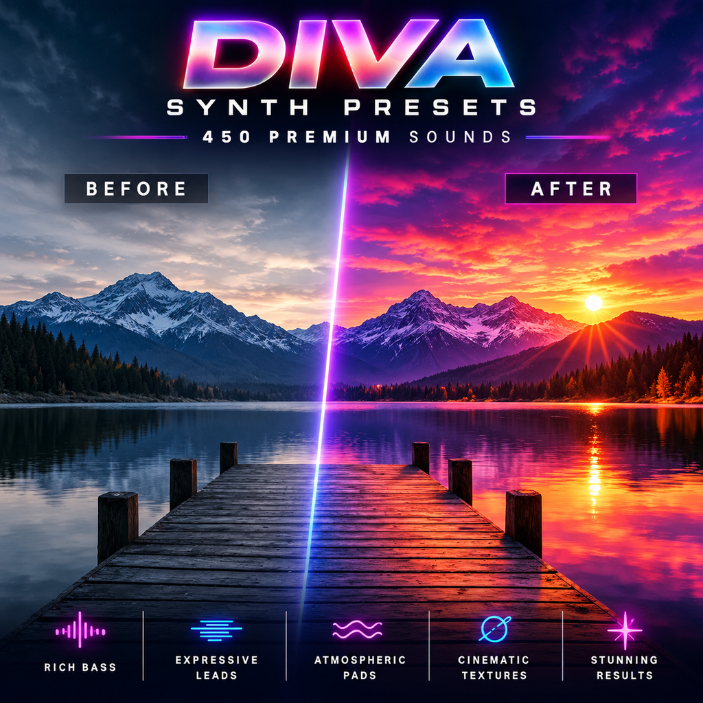 Promotional graphic for DIVA Synth Presets showing a split before/after landscape scene of a mountain lake at sunset, with a wooden dock extending into the water and colorful neon-style text and icons along the bottom.