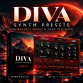 Promotional graphic for DIVA Synth Presets, showing a red and black modular-style synth patchbay with knobs and a matching product box. Large text reads 'DIVA SYNTH PRESETS' over a dramatic red-orange mountain landscape with a planet in the sky.