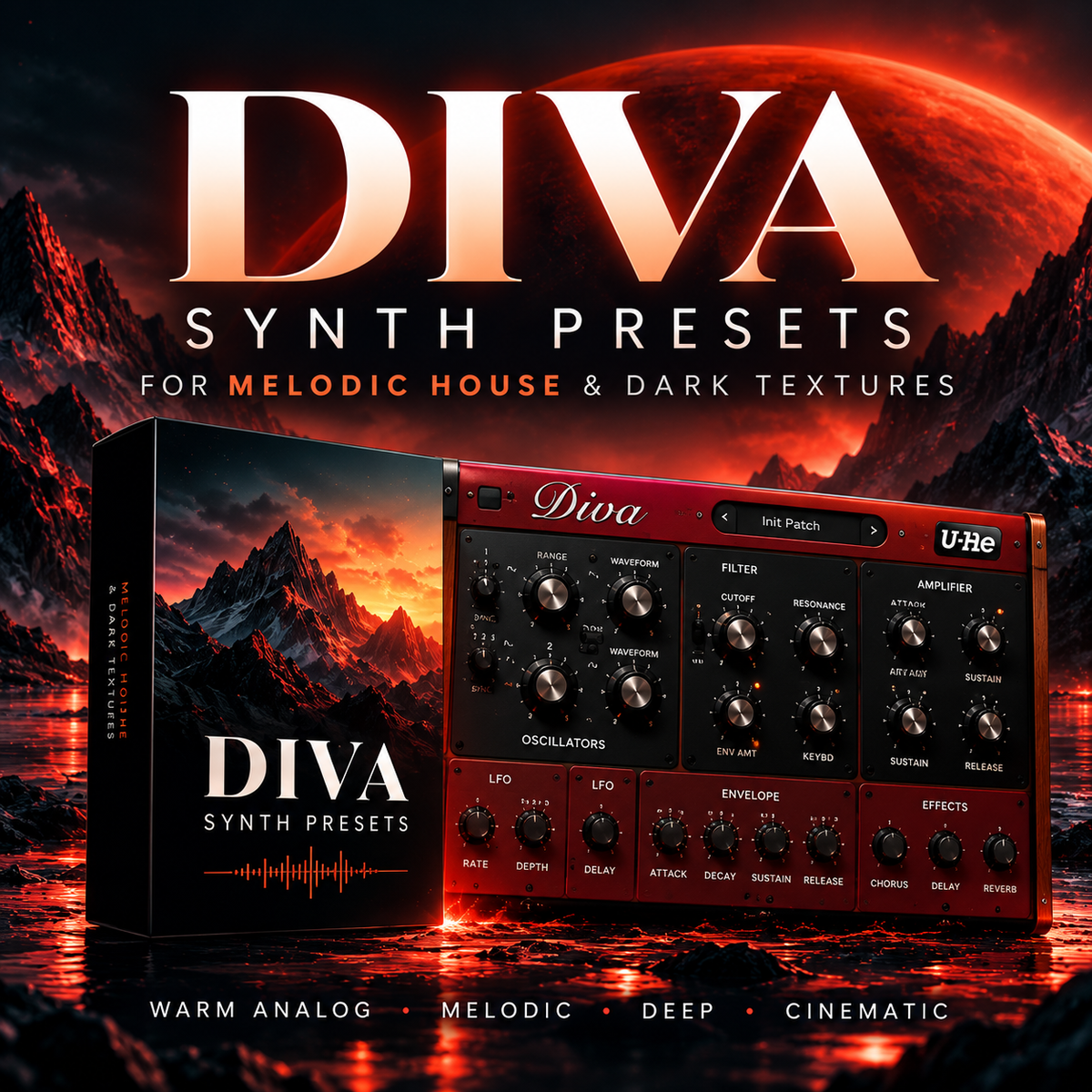 Promotional graphic for DIVA Synth Presets, showing a red and black modular-style synth patchbay with knobs and a matching product box. Large text reads 'DIVA SYNTH PRESETS' over a dramatic red-orange mountain landscape with a planet in the sky.