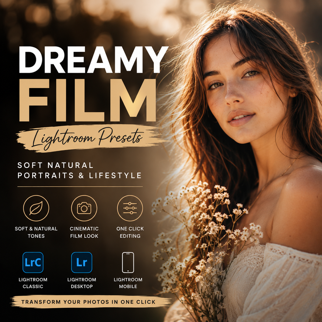 Promotional graphic for Dreamy Film Lightroom Presets, showing a warm, sunlit portrait of a woman with flowers against a dark brown background with text and feature icons.