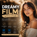 Promotional graphic for Dreamy Film Lightroom Presets, showing a warm, sunlit portrait of a woman with flowers against a dark brown background with text and feature icons.