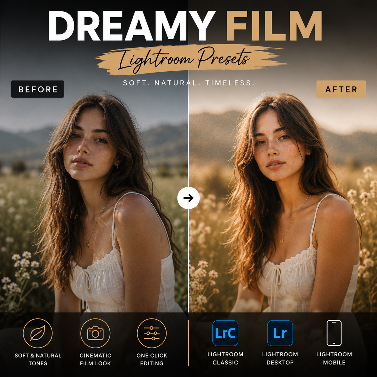 Promotional graphic for Dreamy Film Lightroom Presets, showing a side-by-side before/after portrait edit on a woman in a sunlit field. Large text reads 'DREAMY FILM', 'Lightroom Presets', 'Before' and 'After', with feature icons and Lightroom logos at the bottom.