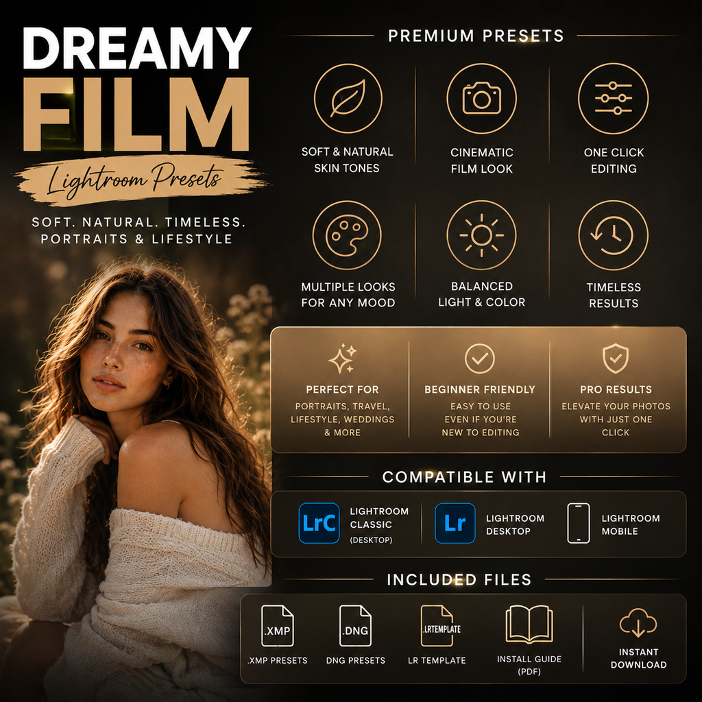 Promotional graphic for Dreamy Film Lightroom Presets, featuring a woman in a white sweater on the left and multiple feature callouts on a dark background including soft natural skin tones, cinematic film look, one-click editing, balanced color, and lifetime results. Includes compatibility with Lightroom Classic Desktop, Lightroom Desktop, and Lightroom Mobile, plus included files icons.