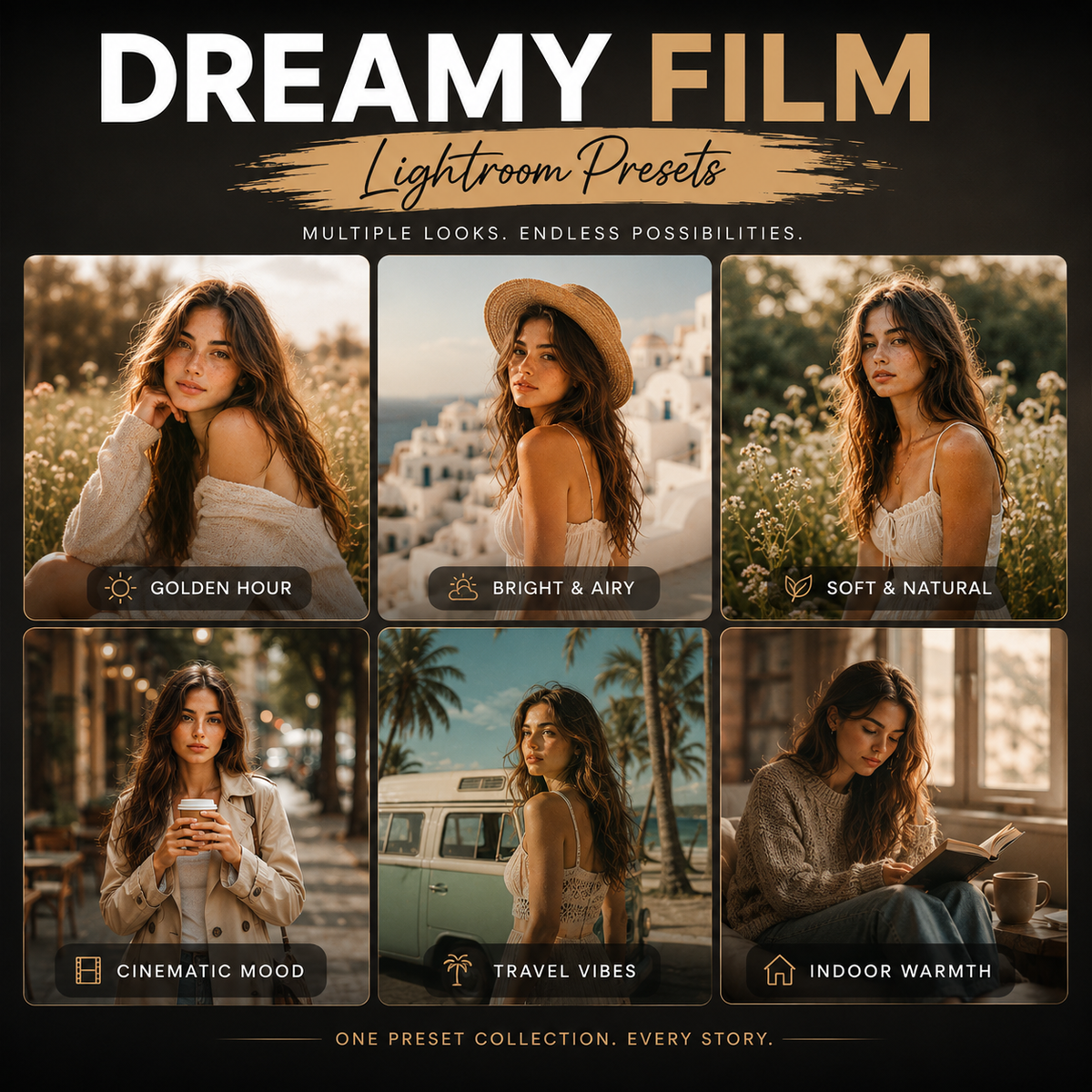 Promotional graphic for Dreamy Film Lightroom Presets, showing six warm-toned lifestyle portrait examples with text labels: Golden Hour, Bright & Airy, Soft & Natural, Cinematic Mood, Travel Vibes, and Indoor Warmth.