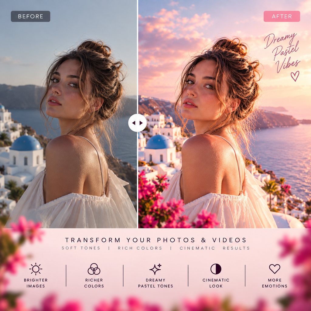 Before-and-after comparison of a woman's portrait with a soft pastel filter, showing a Santorini coastal background. The right side is labeled 'AFTER' and has pink text reading 'Dreamy Pastel Vibes'.