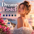 Promotional graphic for Dreamy Pastel Lightroom presets and LUTs, featuring a woman in a white dress against a pastel sunset coastal scene with white buildings and pink flowers. Large text reads 'Dreamy Pastel' with smaller text 'Lightroom Presets and LUTs' and software icons for Lightroom, Premiere Pro, After Effects, and Video.