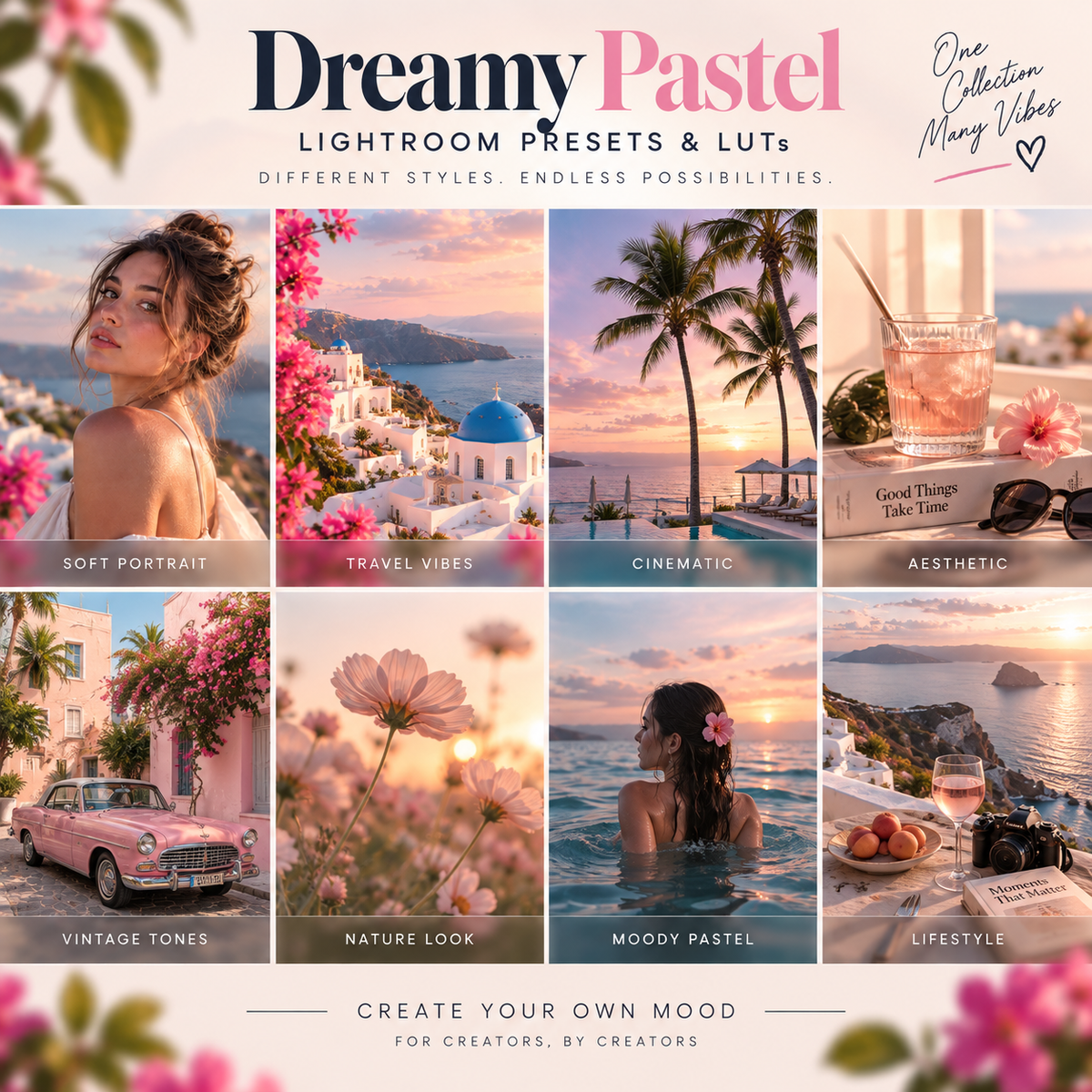 Promotional graphic for Dreamy Pastel Lightroom Presets and LUTs, featuring a grid of eight warm-toned lifestyle and travel photo examples including portraits, beaches, flowers, a vintage car, and sunset scenes. Large title text at the top reads 'Dreamy Pastel' with smaller subtitle text, and a small 'One Collection Mary Vibes' mark appears in the upper right.