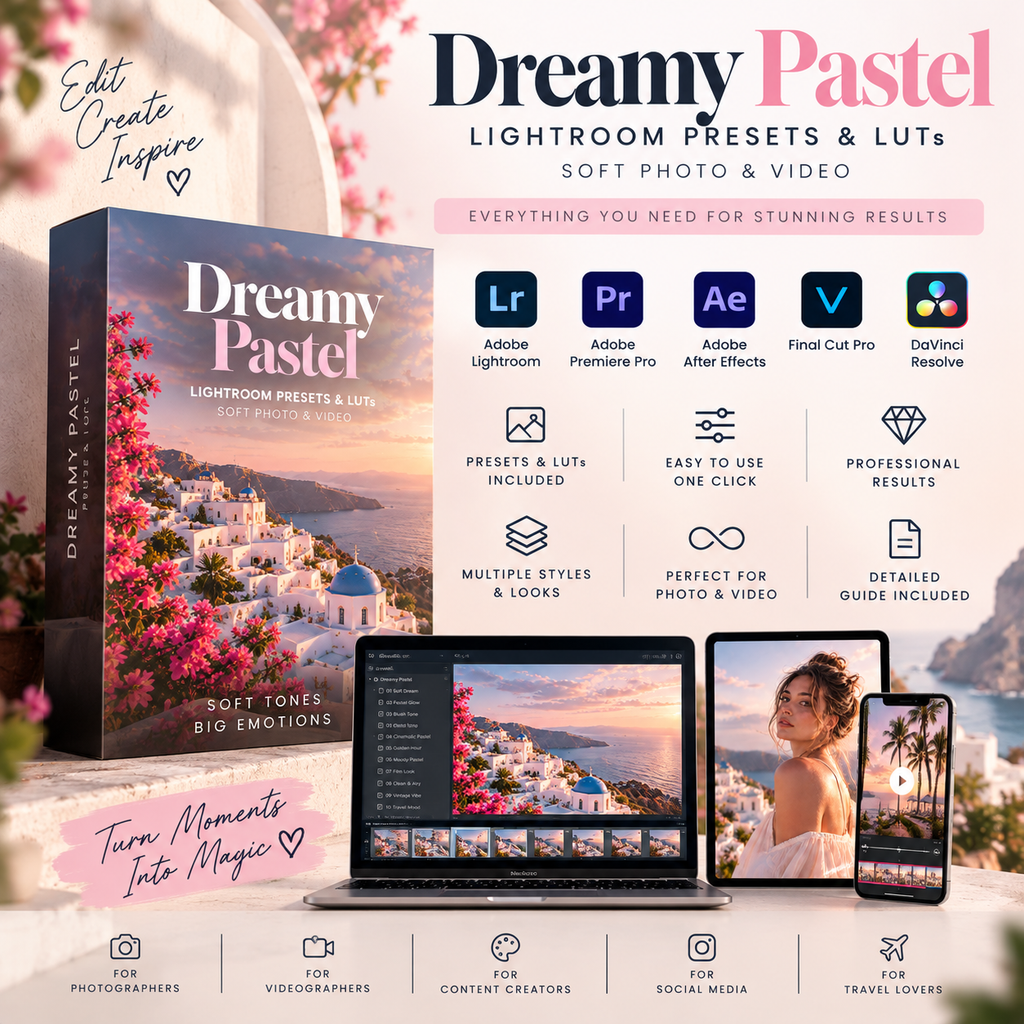 Promotional graphic for Dreamy Pastel Lightroom presets and LUTs, showing a boxed product cover with a pastel coastal scene, plus a laptop and phone displaying the preset library. Text highlights compatibility with Adobe Lightroom, Premiere Pro, After Effects, Final Cut Pro, and DaVinci Resolve, and includes feature icons and social media icons.