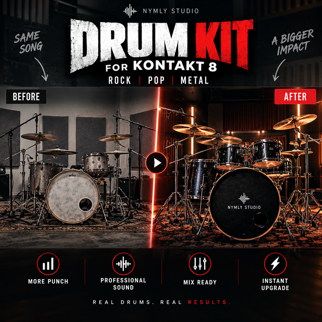 Promotional graphic for a 'Drum Kit for Kontakt 8' by Nymly Studio, showing a before-and-after comparison of a drum kit setup in a studio. The left side is labeled 'Before' and is dark and subdued, while the right side is labeled 'After' and is illuminated by dramatic orange lighting, highlighting a black kit with the Nymly Studio logo on the cymbal and bass drum.