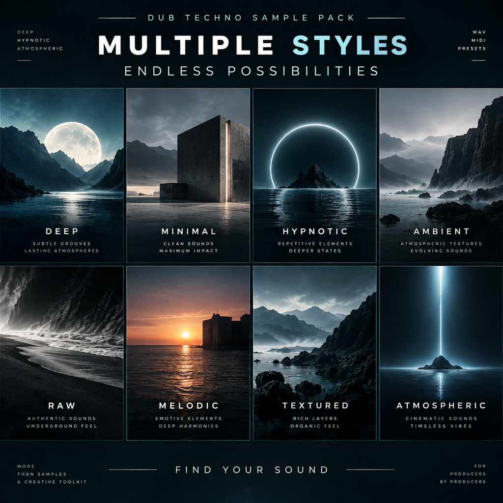 Promotional graphic for a Dub Techno sample pack showing eight square style tiles labeled Deep, Minimal, Hypnotic, Ambient, Raw, Melodic, Textured, and Atmospheric under the heading 'Multiple Styles: Endless Possibilities'.