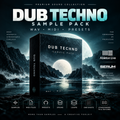 Promotional cover art for a Dub Techno Sample Pack, showing a dark box with the title centered over a moody moonlit landscape with water, mountains, and a large moon. Text highlights WAV, MIDI, and Presets, with Ableton Live, Serum, and other DAW logos visible.