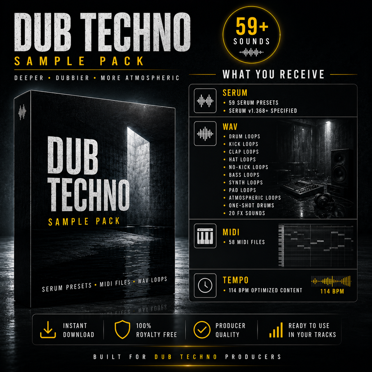 Promotional graphic for a Dub Techno Sample Pack, showing a black software-style box cover with white and gold text, plus feature callouts for 59+ sounds, serum presets, wav loops, midi files, and tempo optimization.