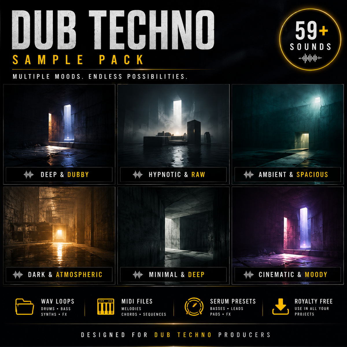 Promotional graphic for a Dub Techno Sample Pack with six atmospheric dark corridor scenes, large title text, and feature badges including '59+ Sounds' and 'Royalty Free'.