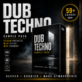 Promotional cover art for a Dub Techno sample pack, showing a large black box labeled 'DUB TECHNO SAMPLE PACK' on a dark atmospheric background with a glowing doorway. Text highlights '59+ sounds,' 'Serum presets,' 'MIDI files,' and 'WAV sounds.