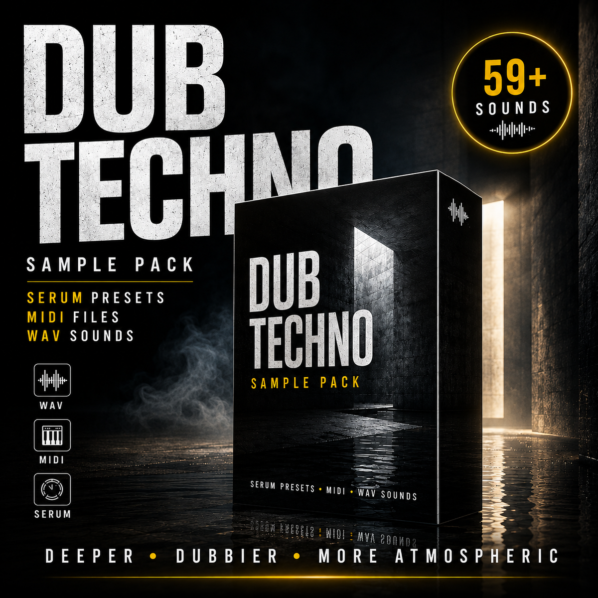 Promotional cover art for a Dub Techno sample pack, showing a large black box labeled 'DUB TECHNO SAMPLE PACK' on a dark atmospheric background with a glowing doorway. Text highlights '59+ sounds,' 'Serum presets,' 'MIDI files,' and 'WAV sounds.