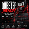 Promotional graphic for a Dubstep Serum serum presets and sample pack, showing a large title, a dark illustrated skull, a virtual DJ mixer interface, compatibility logos, and feature icons on a black background.