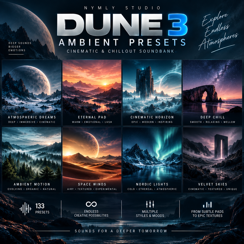 Promotional graphic for 'Dune 3 Ambient Presets' by Nymly Studio, showcasing a collection of cinematic and chillout soundbanks with various desert and sci-fi landscape previews.