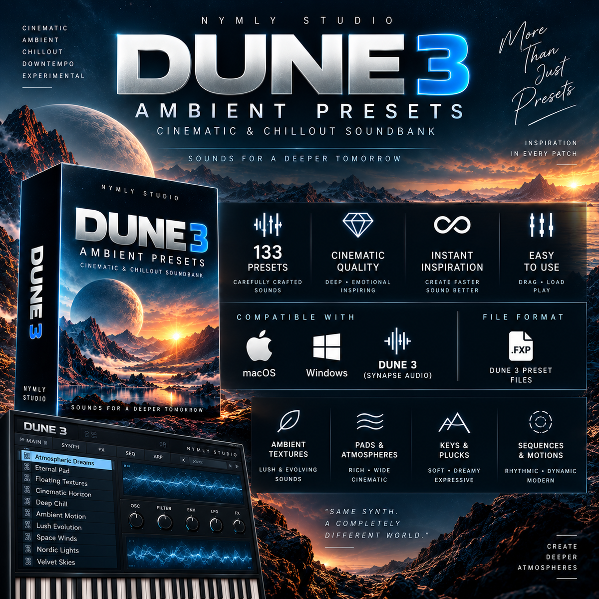 Promotional graphic for Nymly Studio Dune 3 Ambient Presets, showing a software box, a software interface screenshot, feature callouts, compatibility logos for macOS and Windows, and text highlighting 133 presets and cinematic sound design.
