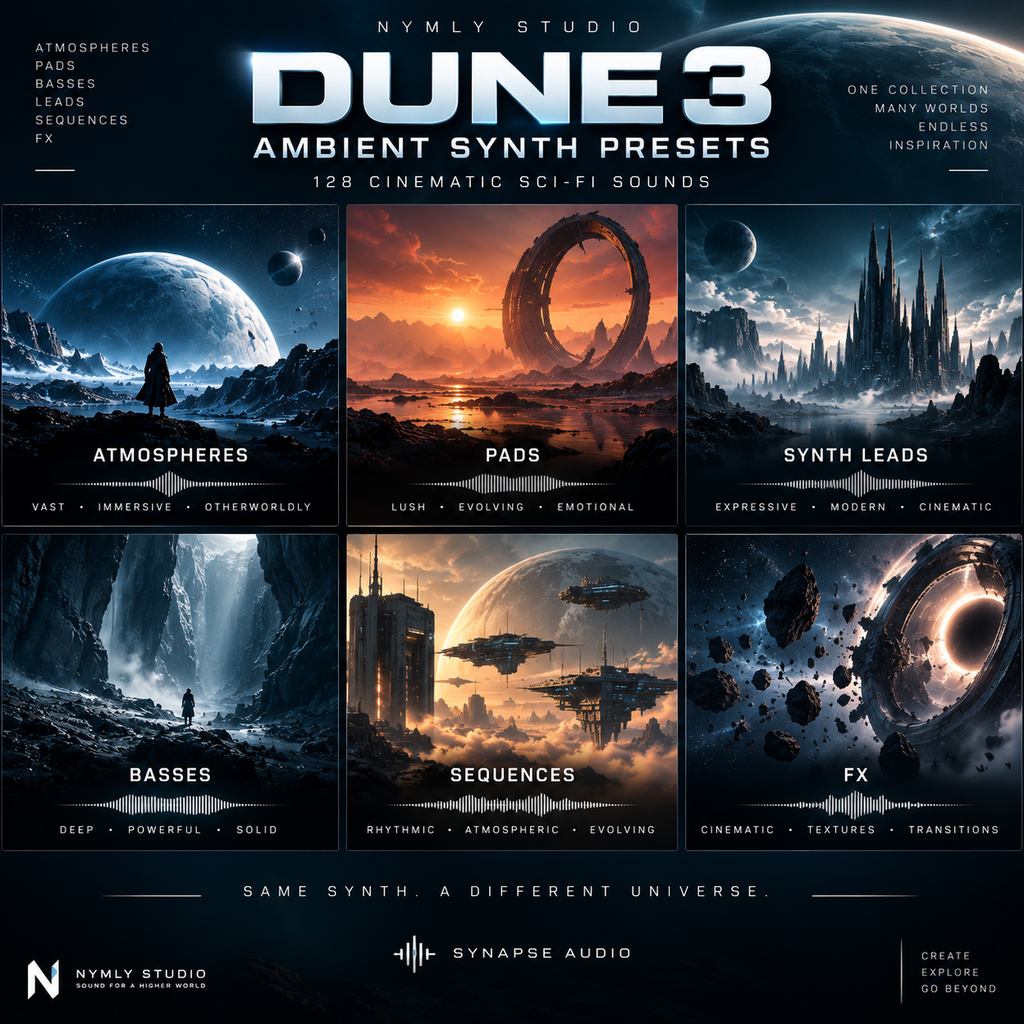 Promotional graphic for Dune 3 Ambient Synth Presets by Nymly Studio, showing six sci-fi themed sound categories: Atmospheres, Pads, Synth Leads, Basses, Sequences, and FX, each with a dark futuristic landscape preview and text labels on a black background.