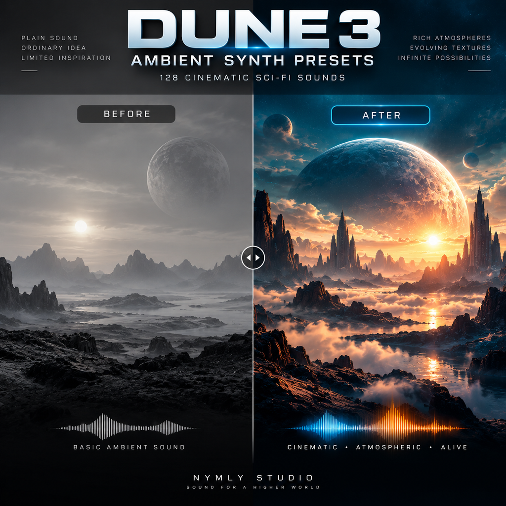 Promotional graphic for Dune 3 Ambient Synth Presets by Nymly Studio, showing a split-screen comparison of a sci-fi desert landscape labeled 'Before' and 'After' with dramatic planetary scenery and soundwave graphics.