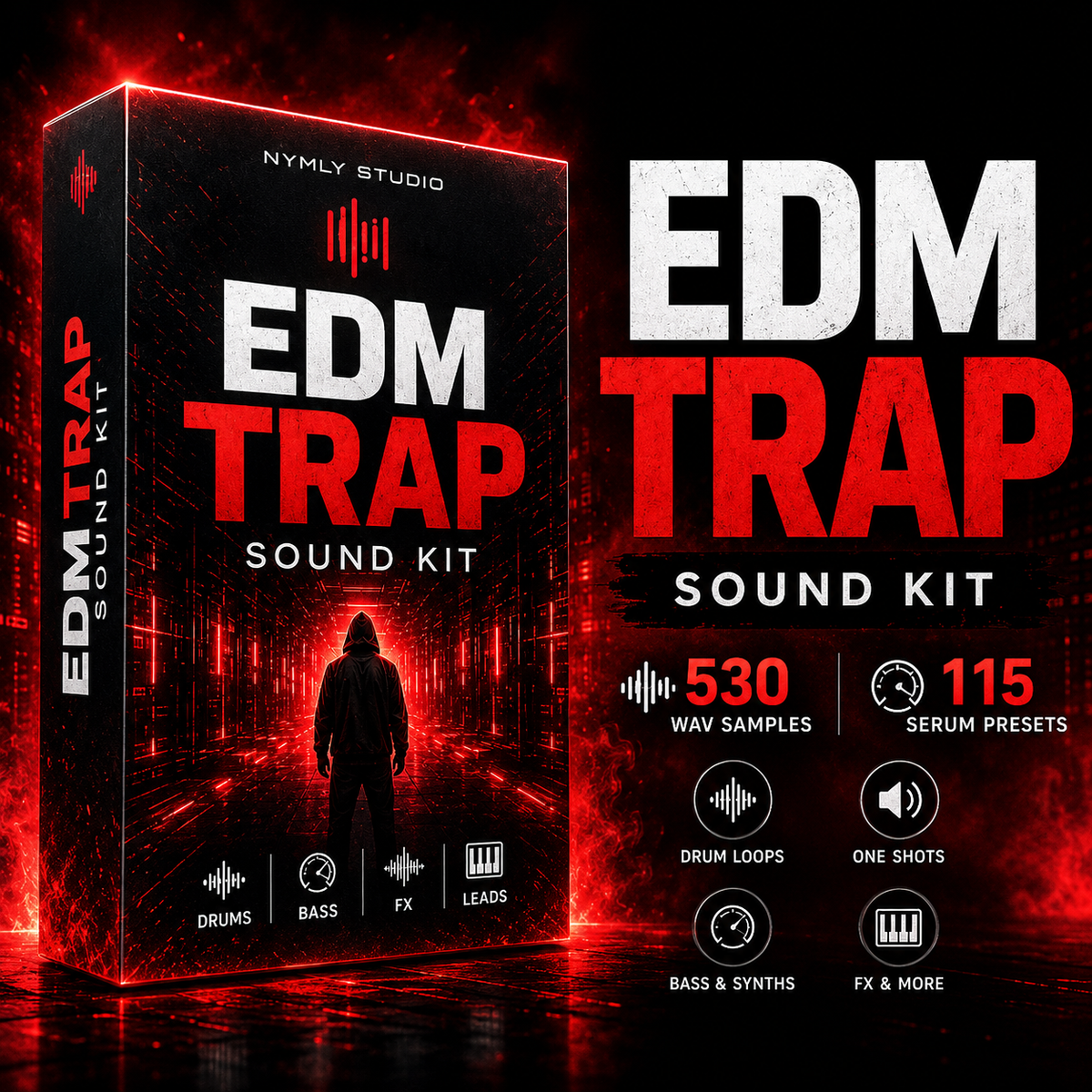 Promotional graphic for the Nymly Studio EDM Trap Sound Kit, showing a 3D software box on the left and feature callouts on the right against a dark red and black background.