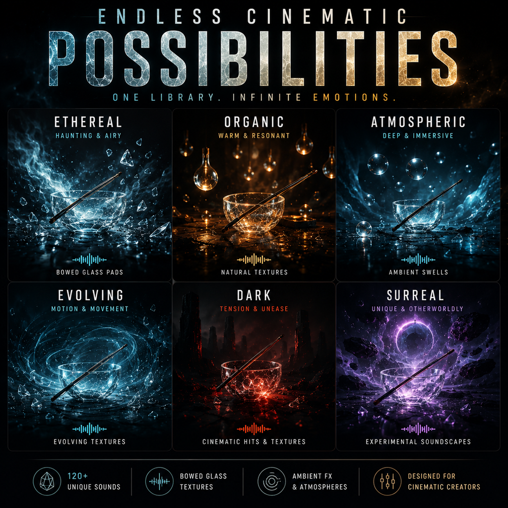 Promotional graphic for a cinematic sound library titled 'Endless Cinematic Possibilities,' showing six dark, atmospheric visual panels with bowls, glassware, and liquid effects in blue, orange, and purple tones. Text highlights features like 'One library.