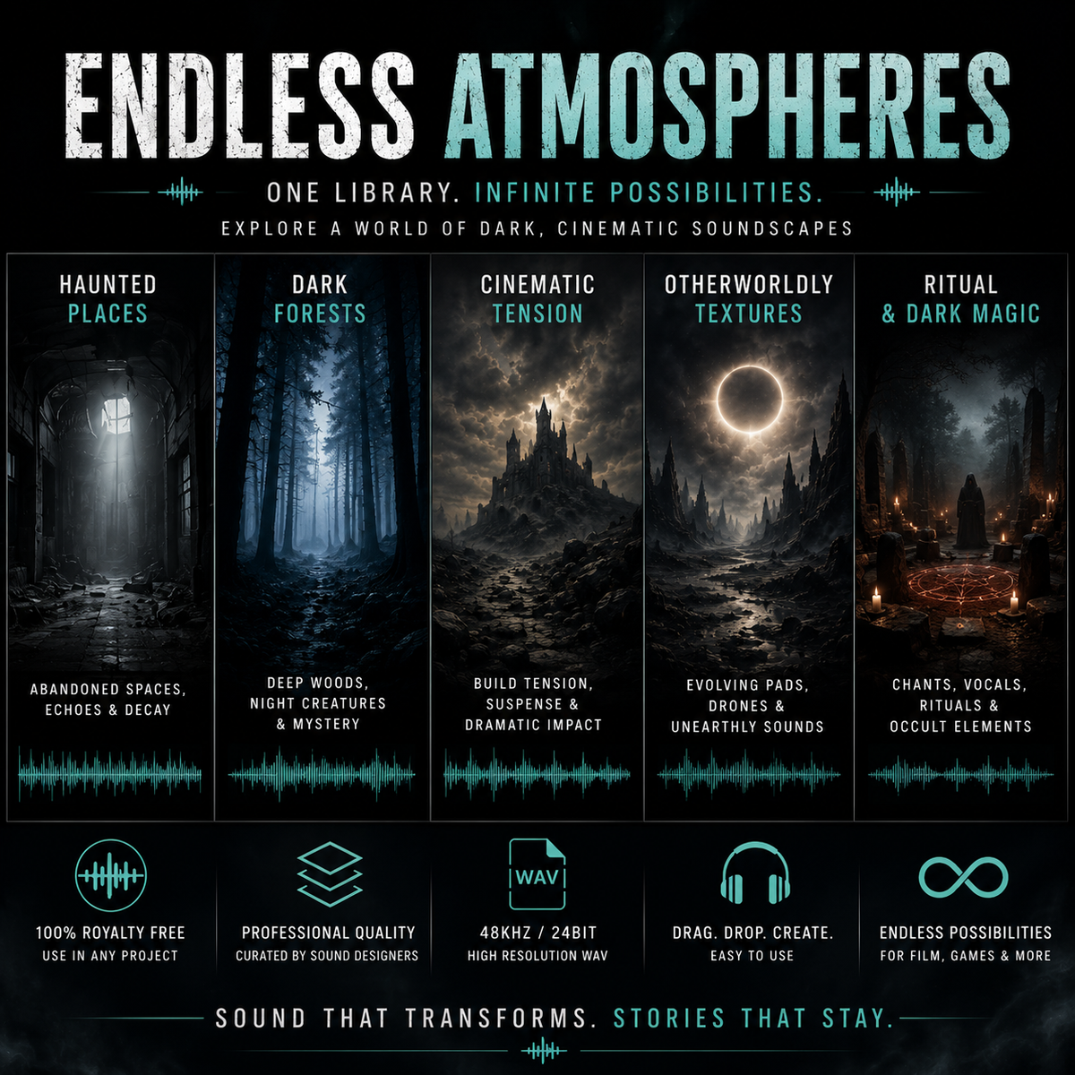 Promotional graphic for a sound library titled 'ENDLESS ATMOSPHERES' with five illustrated mood panels: Haunted Places, Dark Forests, Cinematic Tension, Otherworldly Textures, and Ritual & Dark Magic. Text highlights one library, infinite possibilities, dark cinematic soundscapes, and features icons for royalty-free use, professional quality, WAV format, drag-drop creation, and endless possibilities for film and games.