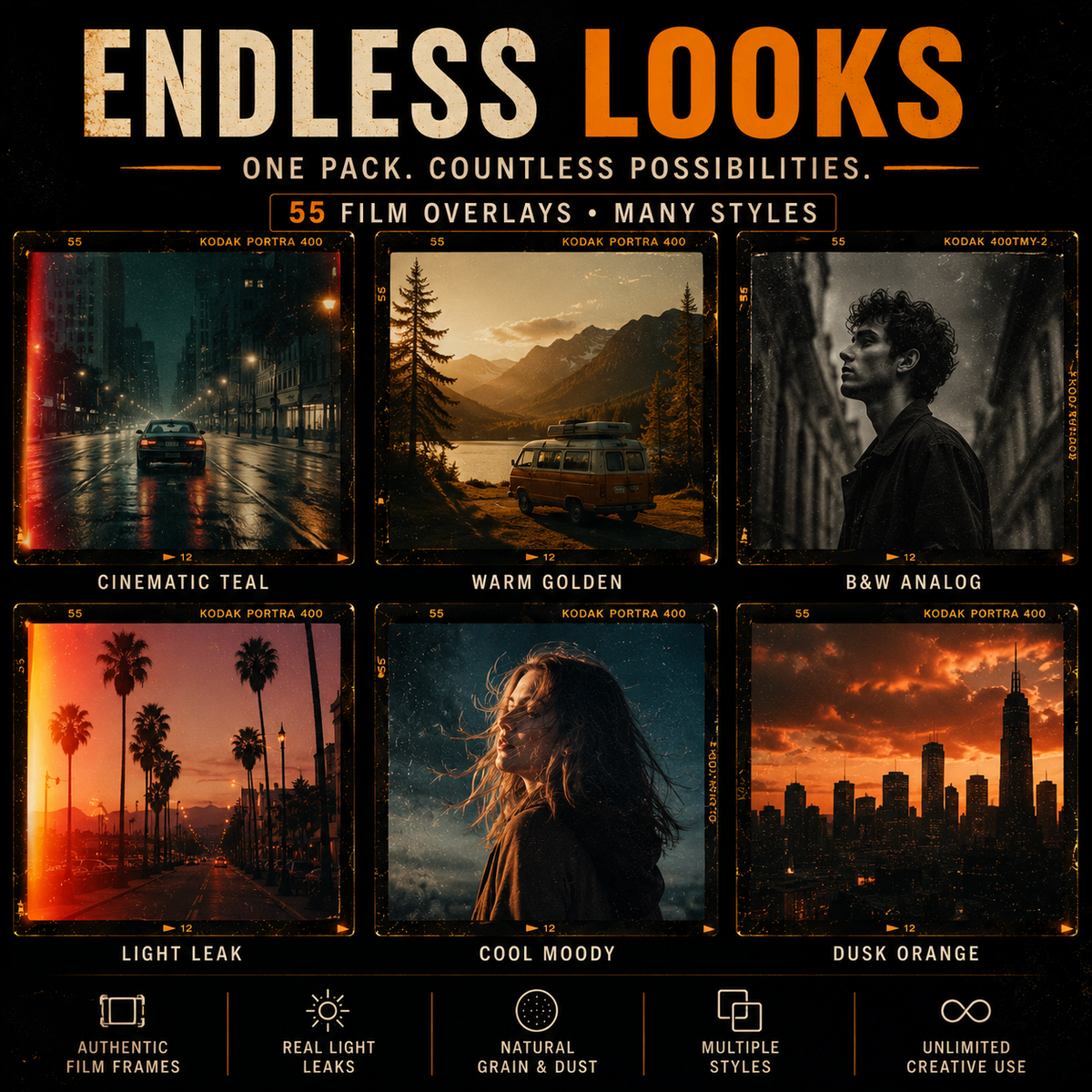 Promotional graphic for a pack of film-style overlays and styles, with the headline 'ENDLESS LOOKS' and the text 'ONE PACK. COUNTLESS POSSIBILITIES.