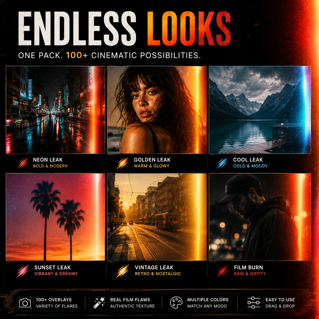 Promotional graphic for a digital photo editing pack titled 'ENDLESS LOOKS', showing six example cinematic image styles with text labels: Neon Leak, Golden Leak, Cool Leak, Sunset Leak, Vintage Leak, and Film Burn. The design uses dark red, black, and orange tones with icons and marketing claims at the bottom.