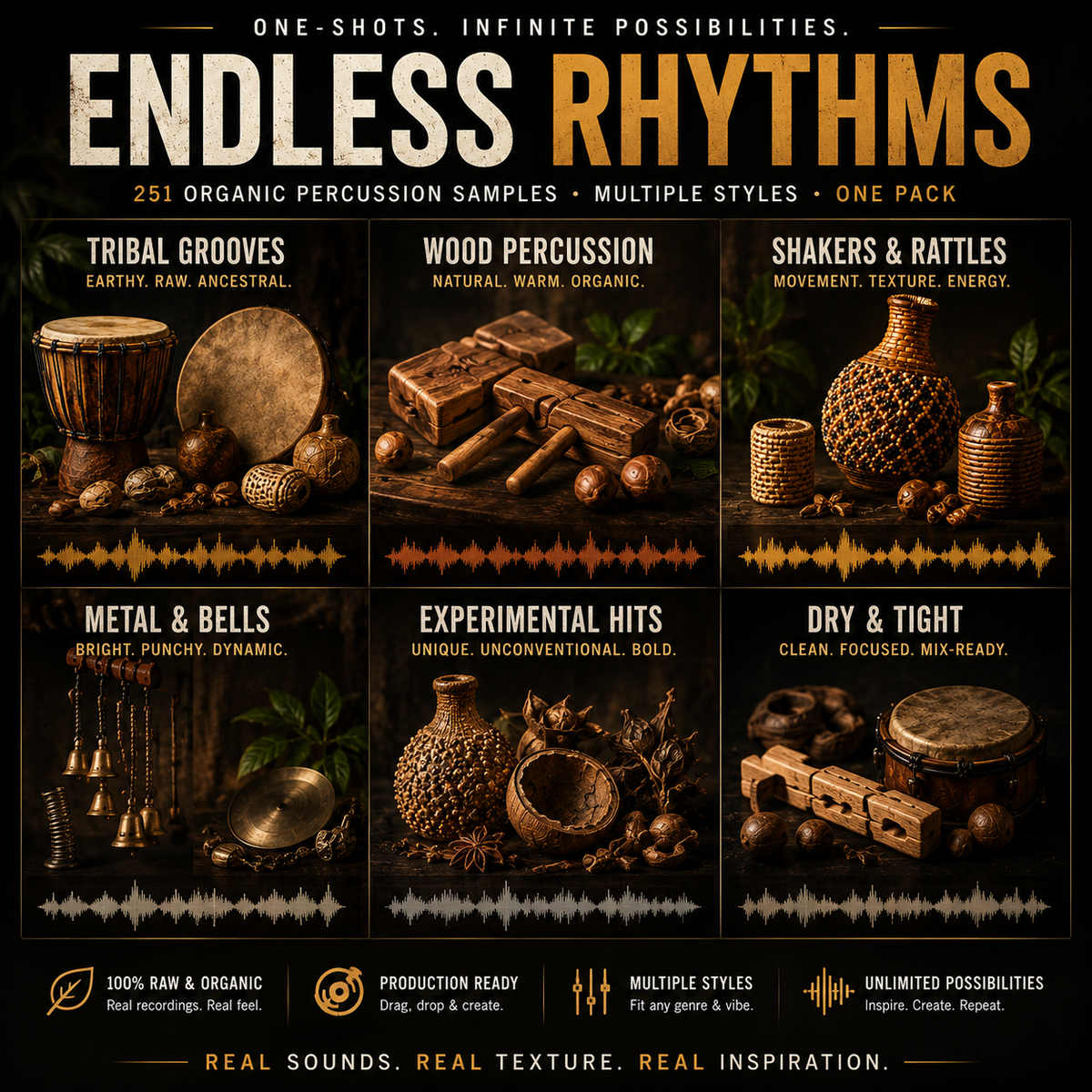 Promotional graphic for a music sample pack titled 'ENDLESS RHYTHMS' showing six percussion-themed visual panels with drums, gourds, wooden mallets, bells, and textured percussion instruments on a dark background. Text highlights '251 Organic Percussion Samples,' 'Multiple Styles,' and feature callouts at the bottom.